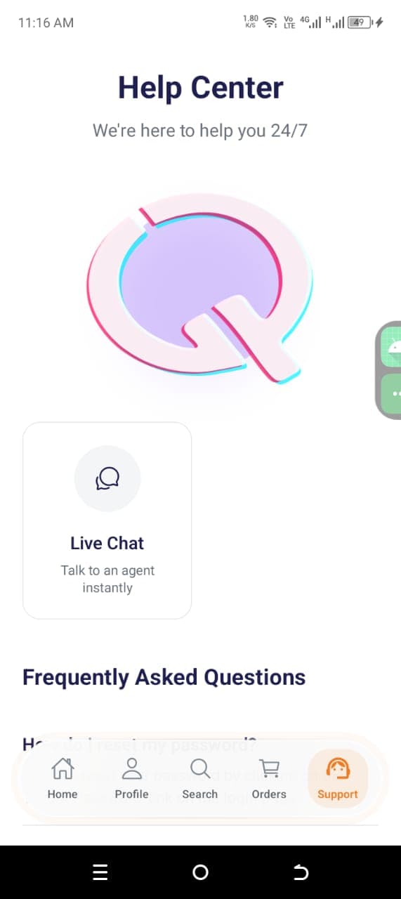 Quible help center screen with live chat and support access