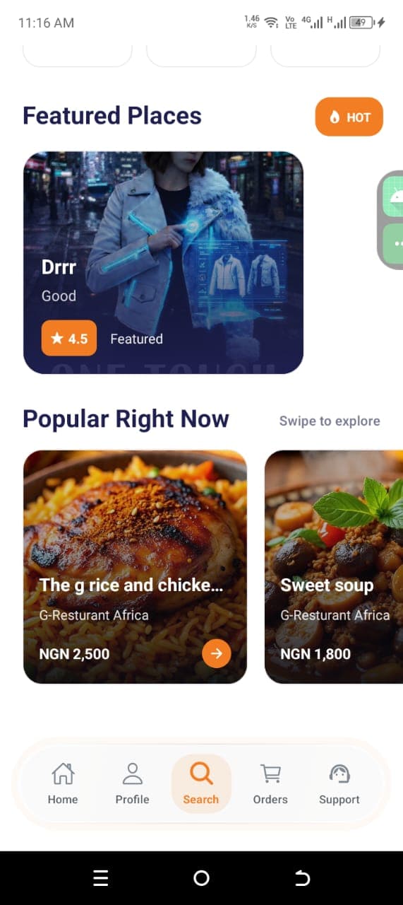 Quible search screen with featured places and popular dishes